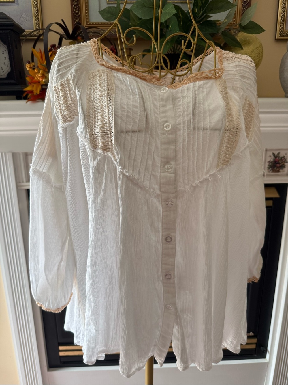 Women's White Boho Button-Front Top with Lace Trim FREEWAY LARGE
